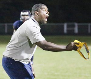 Hertford County head coach Terrance Saxby shouts instructions to one of his players during last Friday’s overtime loss vs. South Central. Saxby hopes his Bears will rebound this week when they host Currituck County at 7:30 p.m. on Sept. 23 in the Northeastern Coastal Conference opener for both clubs. | Dynamic Photo / William Anthony