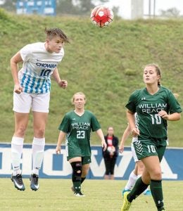 Chowan’s Rebekah Beal heads a ball towards a teammate during Wednesday afternoon’s match in Murfreesboro. Beal scored two goals and recorded an assist in a 5-0 victory by the Hawks over visiting William Peace College. | Photos by Angie Todd